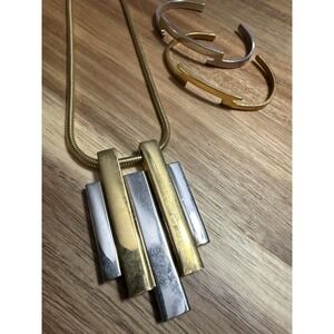 VTG Avon Geometric Modern Pendant Gold & Silver Tone Statement Necklace Cuff Set